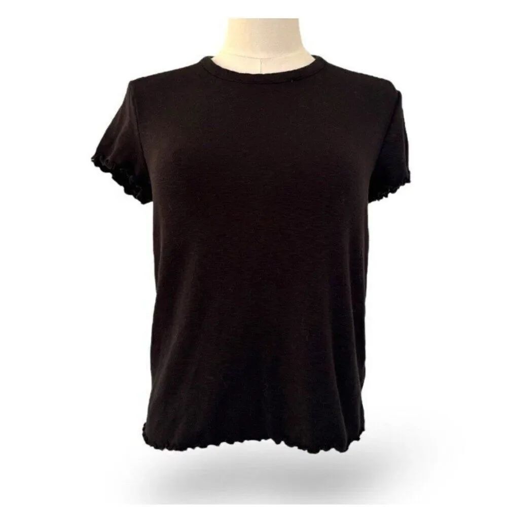 Madewell Solid Black Crew Neck Short Sleeve Ruffle Frill Top T Shirt Small